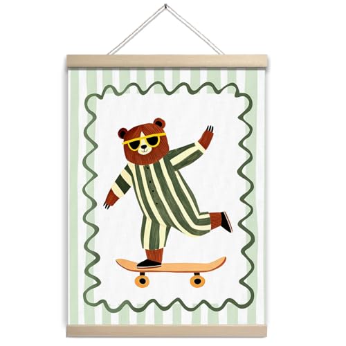 UTELKA Cute Bear Wall Art Retro Skateboarding Bear Poster, Cute Kids Room Decor for Playroom Boys Bedroom, Vintage Green Skateboard Nursery Decor Poster for Kids Room 12x16 - color: Cute Skateboarding Bear