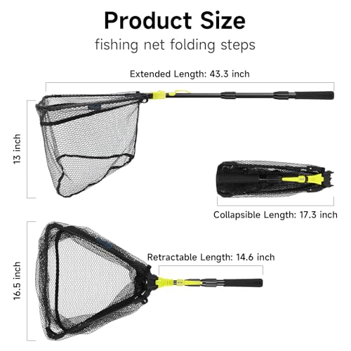 SANLIKE Foldable Fishing Landing Net, Telescopic Aluminum Pole Fishing Net | Fast folding fishing landing net for easy carrying,soft mesh safeguards fish during freshwater lake, river and pond shore - size: 43 inch