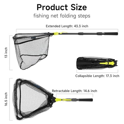 SANLIKE Foldable Fishing Landing Net, Telescopic Aluminum Pole Fishing Net | Fast folding fishing landing net for easy carrying,soft mesh safeguards fish during freshwater lake, river and pond shore - size: 43 inch