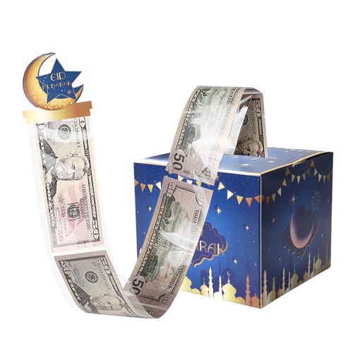 Blue Eid Mubarak Money Box Gold Cash Pull Gift Box for Ramadan Kareem Party Favors, Eid Surprise,Happy Eid Party Decorations - color: Blue
