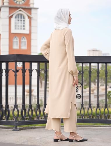 ODIZLI Women's Muslim 2 Pieces Sets Long Sleeve Button Down Shirt and Pants Abaya Casual Dress Dubai Outfits - color: Champagne, size: Large