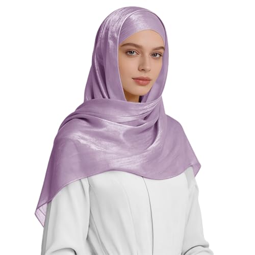 Premium Hijab Head Scarf for Women Lightweight Shimmer Hijab Head Wrap Scarves Crepe Satin Scarf Shawl Wrap - color: Light Purple