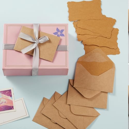 100 Pack Mini Envelopes with Blank Note Cards, Brown | 4 x 2.7 Inches, Self-Adhesive, Small Business Card Size - color: Brown