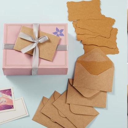 100 Pack Mini Envelopes with Blank Note Cards, Brown | 4 x 2.7 Inches, Self-Adhesive, Small Business Card Size - color: Brown