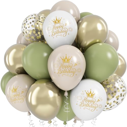 Sage Green Sand White Gold Birthday Balloons, 12 Inch Olive Green Cream Beige Sand White Printed Balloons with Metallic Light Gold Confetti Balloon for Women Girls Boys Birthday Party Decorations - color: Sage Green White Birthday