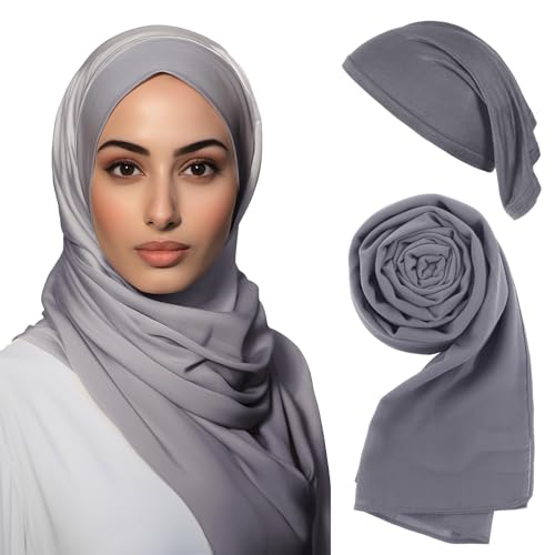 Hijab Scarf for Women Instant Hijab Scarves and Undercap Set, Chiffon Muslim Head Scarf Islamic Solid Long Shawl - color: Gray