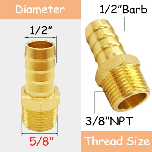 Uenede 6PCS Brass Hose Barb Fittings 3/8" NPT Male to 1/2" Barb Adapter Connector Include 6 Stainless Steel Clamps for Water/Oil/Gas - size: 1/2"Barb, style: 3/8"NPT Male