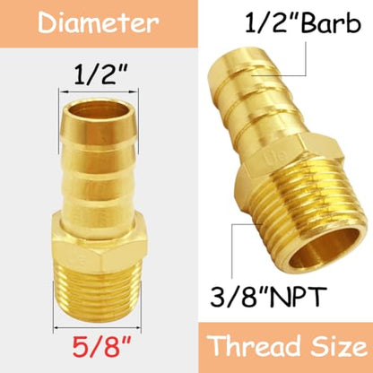 Uenede 6PCS Brass Hose Barb Fittings 3/8" NPT Male to 1/2" Barb Adapter Connector Include 6 Stainless Steel Clamps for Water/Oil/Gas - size: 1/2"Barb, style: 3/8"NPT Male