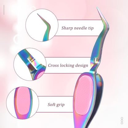 3PCS Reverse Tweezers for Crafting, Craft Tweezers, Cross Locking Stainless Steel Precision Curved Bent Straight Fine Tip with Soft Grip for DIY Craft, Jewelry Making, Eyelash Extensions, Beading