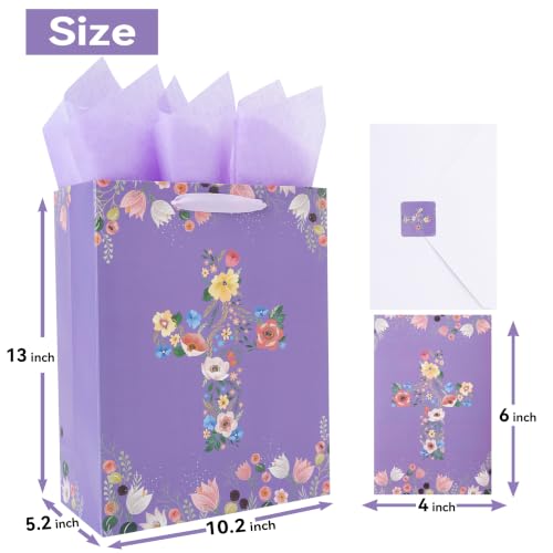 13" Large Floral Religious Gift Bag Set with Handles, Greeting Card, Purple Tissue Papers and Stickers for Women Girls, for First Communions, Baby Girl Baptisms, Christenings, Religious Occasion, Clergy Day, Cross Design, 1 Pcs - color: (13'' Large)Purple