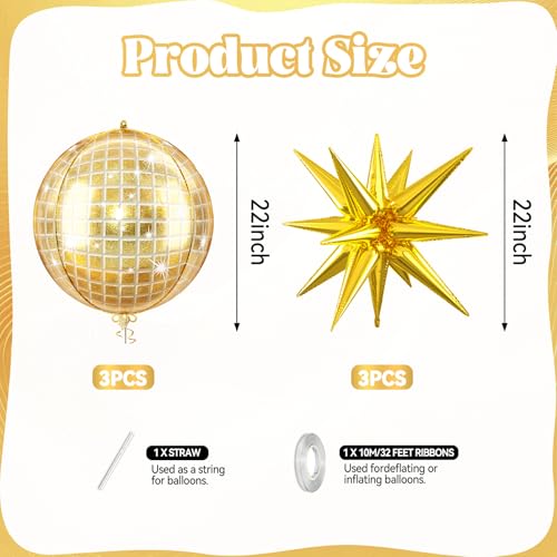 Gold Disco Balloons, 6 Pcs Shiny Foil for Prom Graduation New Year Party - style: Disco Gold