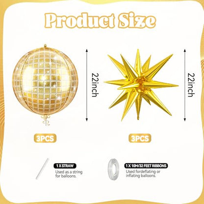 Gold Disco Balloons, 6 Pcs Shiny Foil for Prom Graduation New Year Party - style: Disco Gold