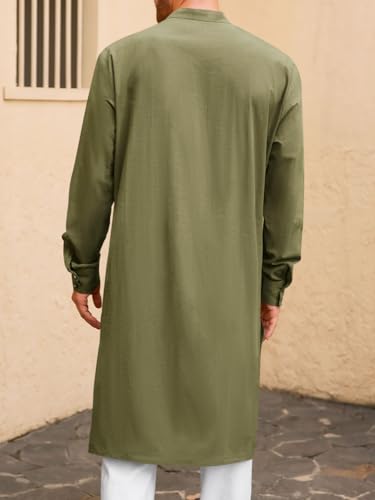 Runcati Mens Kaftan Robe Button Down Long Sleeve Cotton Linen Thobe Casual Muslim Gown Henley Shirt - color: Army Green, size: Medium