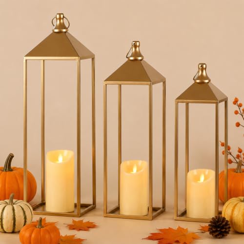 3 Pcs Large Gold Decorative Lanterns with Candles, Metal Candle Lantern - color: Gold, size: 22in and 19in and 17in