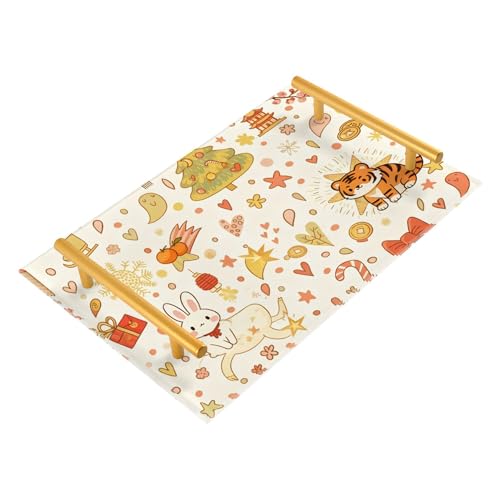 Bathroom Vanity Tray Counter Organizer, New Year Icons Pattern Decorative Tray with Handles Countertop Storage for Bathroom Bedroom Kitchen Home Farmhouse - color: New Year Icons Pattern