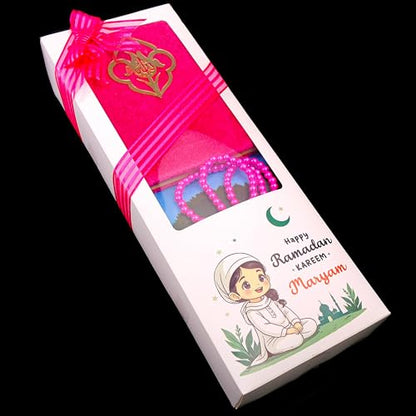 IEF Personalized Prayer Rug Prayer Beads Quran Islamic Gift Set, Ramadan Eid Hajj Umrah Birthday Anniversary Graduation Gift for Girls and Boys (Model-8, Girl) - color: Model-8