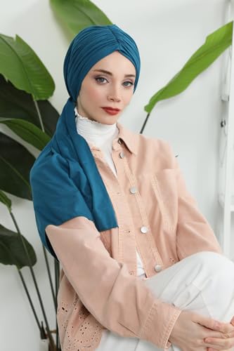 Aisha's Design Instant Hijab Scarves for Women, 95% Cotton Pretied Bonnet Turban Easy to Wear Cotton Headscarf - color: Petrol Blue
