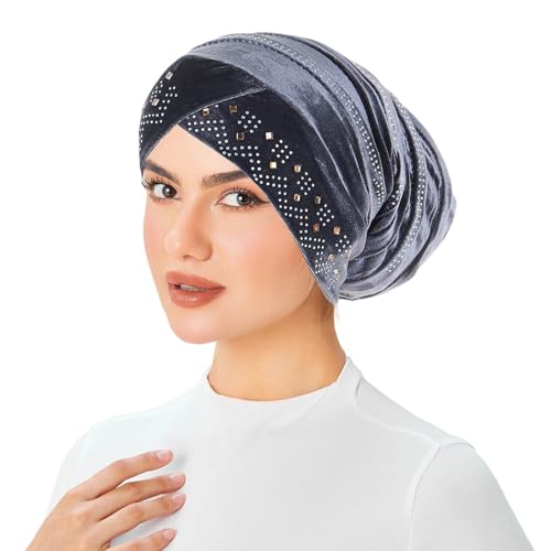 Rhinestone Hijab Turban Hats for Women Beanies Bandana Headwrap Cap Beanies Headwear Headscarf Undercap Turban Hat - color: Gray