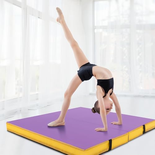 Giantex 4" Thick Folding Gymnastics Mat, 4' x 4' Bio-Folding Exercise Mat with Carry Handles & PU Leather Cover, Gym Home Tumbling Mat for Kids, Yoga, Fitness, Pilates & Martial Arts - color: Purple