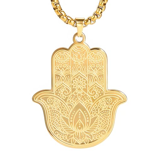 Gold Hamsa Hand Necklace for Men & Women, Stainless Steel Hand of Fatima Pendant, Spiritual Protection Amulet on a Box Chain