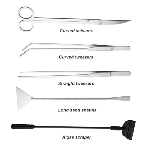 7 Pcs Aquarium Aquascape Tools Kit, Stainless Steel Aquatic Plant Aquascaping Set with Straight/Curved Long Tweezers Scissors Spatula Algae Scraper & 2 Replacement Heads Fish Tank Cleaning Kit