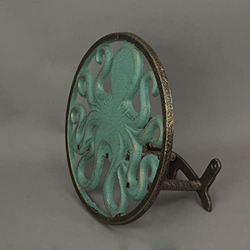 Zeckos Octopus Garden Hose Holder, 12 Inch Verdigris Cast Iron Wall Mount | Holds About 75-100 Ft of 5/8 Inch Hose, Three-Point Mounting, Bolts and Anchors Included - color: Octopus - Green