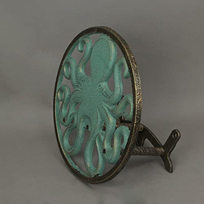Zeckos Octopus Garden Hose Holder, 12 Inch Verdigris Cast Iron Wall Mount | Holds About 75-100 Ft of 5/8 Inch Hose, Three-Point Mounting, Bolts and Anchors Included - color: Octopus - Green