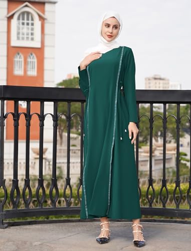 IDOPIP Women Long Sleeve Maxi Muslim Abayas Solid Ramadan Abaya Muslim Dress Full Cover Loose Maxi Kaftan Dresses Embroidery Arabic Dress Islamic Dubai Robe Prayer Dress Clothes Dark Green XL at Amazon Women’s Clothing store