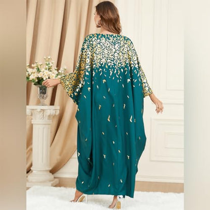 OBEEII Muslim Dress for Women Loose Batwing Sleeved Hooded Beaded Embroidery Long Abaya Dress Kaftan Abayas Islamic Robe - color: Dark Green