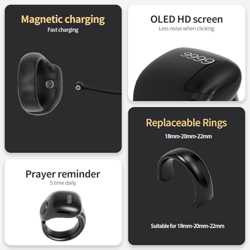 XG.&co Zikr Smart Ring,Adjustable Ring Finger Counter, Tasbeeh Counters, Prayer Direction Indicator Guide,5 Azan Alarm Clock, APP Support Eid al-Fitr Eid Muslims - style: Black 18 20 22mm