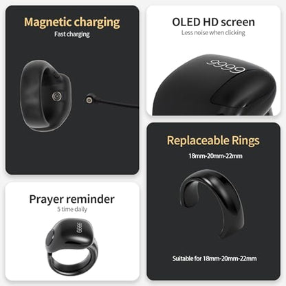 XG.&co Zikr Smart Ring,Adjustable Ring Finger Counter, Tasbeeh Counters, Prayer Direction Indicator Guide,5 Azan Alarm Clock, APP Support Eid al-Fitr Eid Muslims - style: Black 18 20 22mm