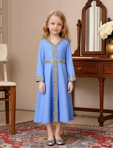 OBEEII Girls Muslim Abaya Ramadan Long Bell Sleeve V Neck Sequins Church Prayer Dress with Belt Islamic Eid Robe Kaftan - color: Blue-sequins, size: 4-5 Years