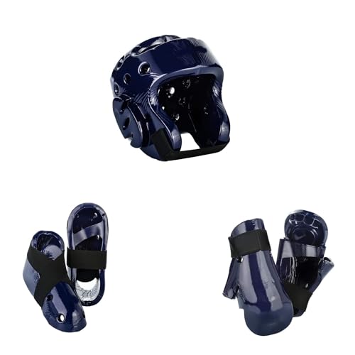 Martial Arts Karate Kenpo Taekwondo Sparring Gear Set with Kicks, Gloves and Head Gear - color: blue, size: 9-10 shoe, M-L glove