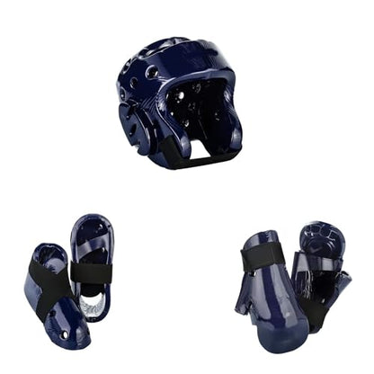 Martial Arts Karate Kenpo Taekwondo Sparring Gear Set with Kicks, Gloves and Head Gear - color: blue, size: 7-8 shoe, M-L glove