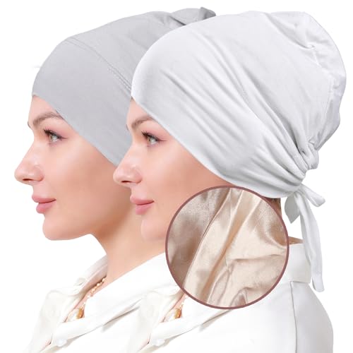 Women Under Hijab Cap Islamic Underscarf Turbans for Women Solid Color Hijab Bonnet Caps Muslim Scarf Inner Cap - color: White+light Grey
