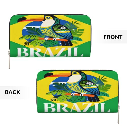 Brazil Toucan Green Background PU Leather Long Wallet for Women Men, Zipper Clutch Wallet RFID Card Holder Organizer - color: Brazil Toucan Green Background