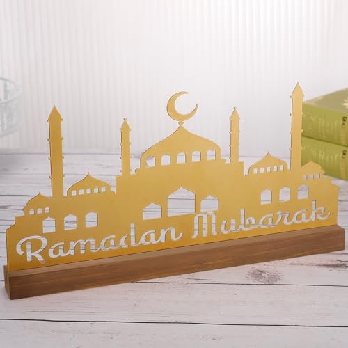 Enlarged 15.7in Metal Ramadan Table Sign - Eid Mubarak Tabletop Decorations, Muslim Golden Palace Dinner Ornaments for Islamic Gifts Parties Home Kitchen, Hollow Letters - style: Hollow Letters