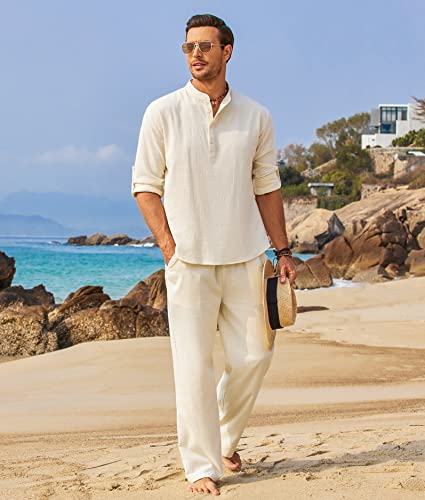 COOFANDY Men's 2 Pieces Cotton Linen Set Long Sleeve Henley Shirts Casual Beach Pants With Pockets Summer Yoga Outfits - color: Beige, size: Small