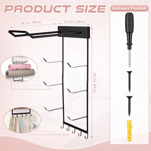 Geelin Yoga Mat and Ball Holder Wall Mount, 4-Tier Yoga Mat & Ball Storage Rack, Home Gym Organizer, Black Metal Floating Shelf for Hanging Foam Rollers & Resistance Bands (5 Hooks Style,Black) - color: Black