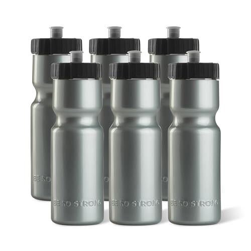 50 Strong Sports Water Bottles – Reusable 22 oz BPA-Free Plastic Bottles with Pull Top Cap – Made in USA – Top Rack Dishwasher Safe – Fits Most Bike Cages Brand - color: Silver, style: 6 Pack