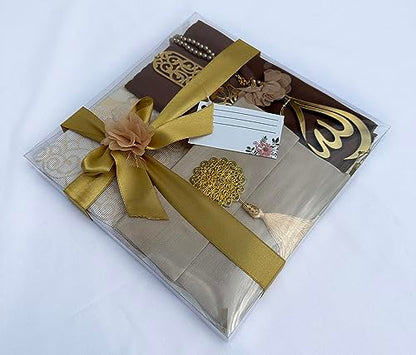 SAIKA Muslim Prayer Rug, 7 in One Gift Set, Prayer Mat Surah Book, Tasbeeh, Scarf, Surah Case, Bookmark, Car Mirror Hanger, Prayer Beads,Islamic Gift for Umrah, Hajj, Wedding, Janamaz (Gold) - color: Gold