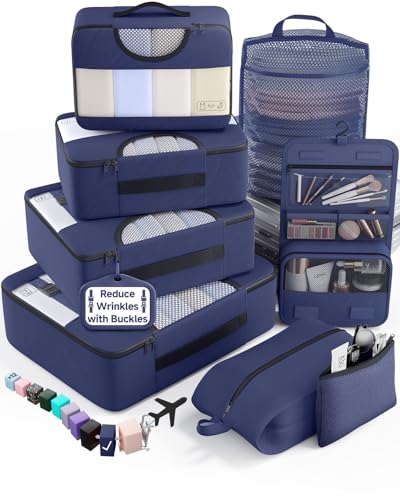 Veken 8 Set Packing Cubes for Travel Essentials,Anti-Wrinkle Buckled Suitcase Organizer for Shoe & Toiletry Bag,Carry On Luggage Bag with 99+ Count Mesh Holes for Airplane & College Dorm Accessories - color: 05 Indigo Blue