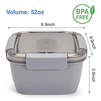 Freshmage Salad Lunch Container To Go, 52-oz Salad Bowls with 3 Compartments, Salad Dressings Container for Salad Toppings, Snacks, Men, Women (Grey) - color: Grey-52oz
