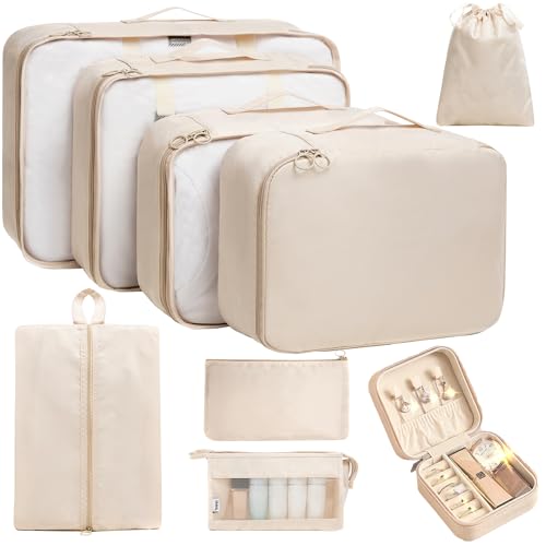TRAILKICKER 9 Set Packing Cubes for Carry on Suitcase Travel Organizer Bags for Luggage Suitcase Organizer Bags Packing Cube Set for Packing Women Men (Beige) - color: Beige