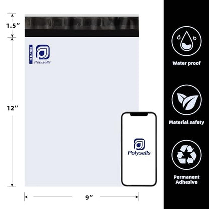 POLYSELLS 100 pack 9x12 Inch Poly Mailers Shipping Envelopes, Strong Adhesive Sealing, Waterproof, and Tear-resistant Postal Mailing Bags for Clothing, Books, and Accessories White - size: 9" X 12"