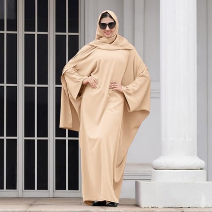IDOPIP Abayas for Women Muslim Dress with Hijab, One-Piece Long Sleeve Islamic Prayer Dress with Khimar Jilbab Kaftan Clothes - color: Apricot + Hijab