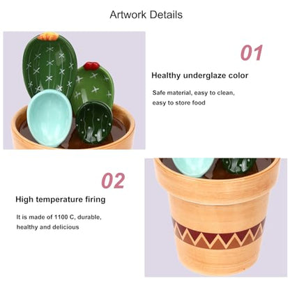 5 Pieces Measuring Spoons Set/Ceramics Spoons and Measuring Base Cup/for Dry and Liquid Ingredient, Cute Cactus Shape (Wave base) - color: Wave base