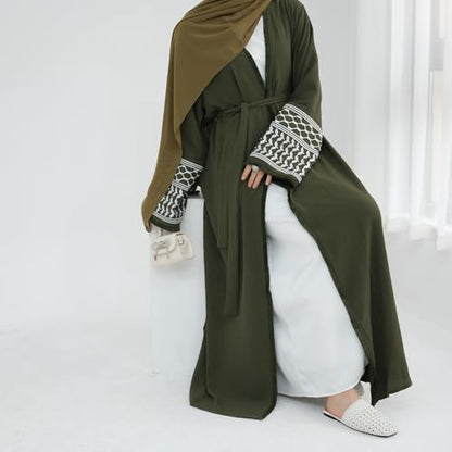 Muslim Abayas for Women Long Sleeve Embroidered Open Front Cardigan Turkey Dubai Maxi Kaftan Dress Ramadan Kimono with Belt - color: Army Green, size: Medium