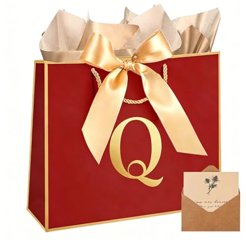 Topaliving Personalized Gift Bag with Card and Tissue Paper, 26 Letters Birthday Gift Bag 13'' Custom Valentines Weddings Present with Initials/Numbers for Women Men Kids (Red,Q) - color: Red, size: Q
