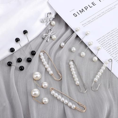 16 Pcs Pearl Brooch Pins Set, Decorative Safety Pin Pant Waist Tightener Pins for Clothes Sweater Shawl Hat Clips White Collar Clips for Cardigan Dress Sweater - style: Pearl Style